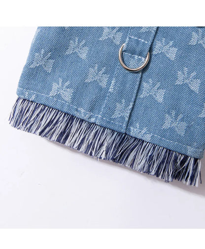 New Dog Harness and Leash Set for Small Dogs, Dark Wash Denim Puppy Dog Vest Harness Tassels Pet Jeans Butterfly Harness