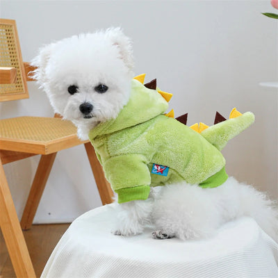 Autumn Winter Pet Dog Costumes Green Dinosaur Christmas Fleece Overalls Sweatshirts for Small Puppy Funny New Year Cat Clothing
