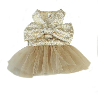 Luxury Embroidery Tulle Dog Dress for Small Medium Dogs Cats, Gold Pet Dress with Bowknot Chihuahua Pomeranian Summer Clothes