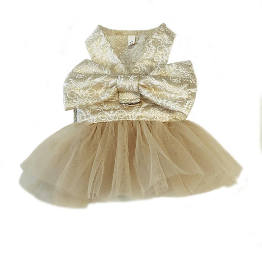 Luxury Embroidery Tulle Dog Dress for Small Medium Dogs Cats, Gold Pet Dress with Bowknot Chihuahua Pomeranian Summer Clothes