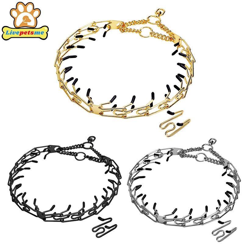 Gold Dog Collar Choker with Comfort Rubber, Stainless Steel Pet Prong Collar, Adjustable Metal Necklace for Medium and Large Dog