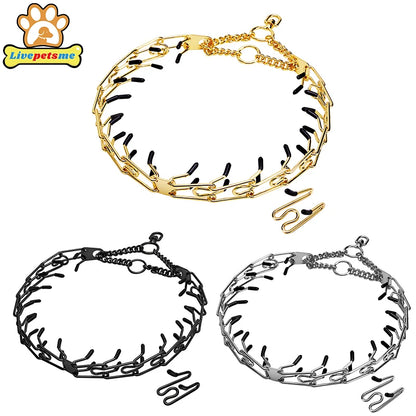 Gold Dog Collar Choker with Comfort Rubber, Stainless Steel Pet Prong Collar, Adjustable Metal Necklace for Medium and Large Dog