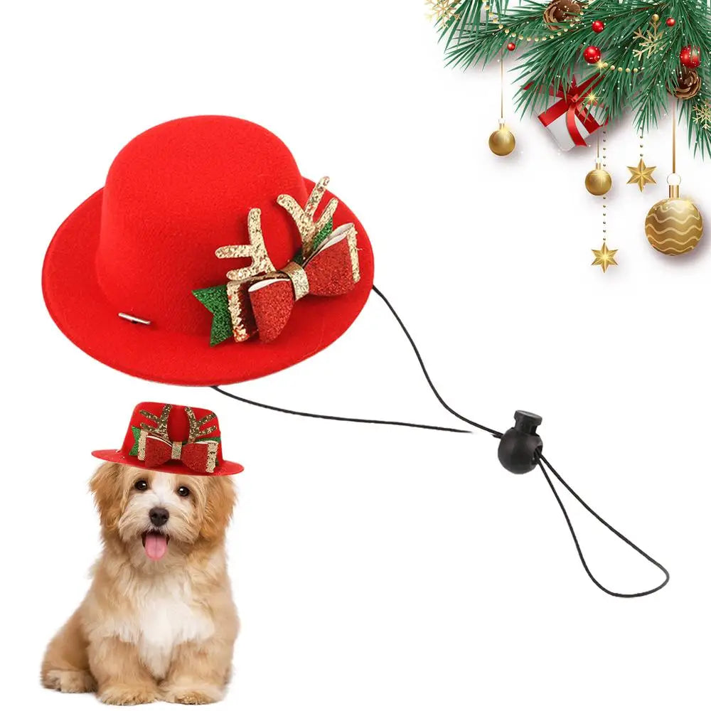 Red Pet Hats For Christmas Dog Hats Bow Tie Christmas Deer Pattern Pet Hats Soft Cute Christmas Ornaments Adjustable Pet Costume
