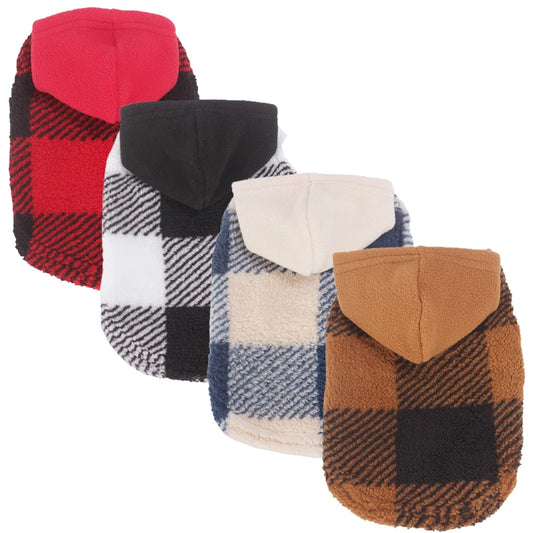 Plaid Dog Hoodie Christmas Pet Clothes Fleece Sweater with Leash Hole for Small Medium Dogs, Soft Winter Warm Dog Sweatshirt