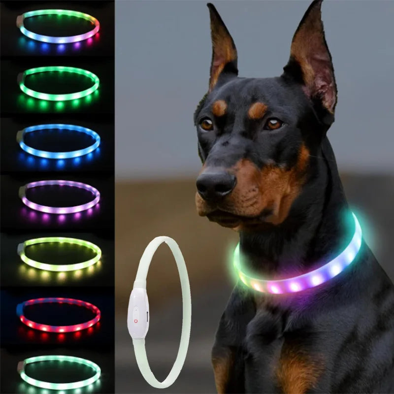 USB Rechargeable Glowing Collar for Large and Small Dogs LED Glowing Dog Collar 9 Flashing Modes Adjustable Soft Silicone Collar