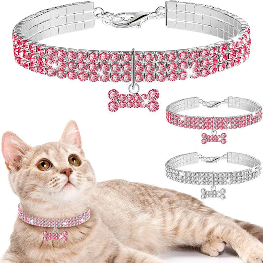 Bling Rhinestones Pet Collar, Adjustable Crystal Diamond Bone Pendant Wedding Collar Cat Dog Small Pet Elastic Necklace Jewelry