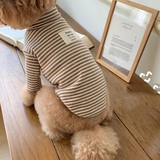 Coffee Strips Pet Dog Clothes for Chihuahua High Collar Autumn Warm Cat Sweatshirt Overalls Soft Velvet Cat Puppy Bottom T Shirt