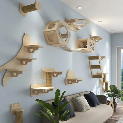 Cat Hammock Set Wall Mounted Cat Climbing Wooden Shelves and Jumping Platform Scratching Post for Cat Playing and Sleeping