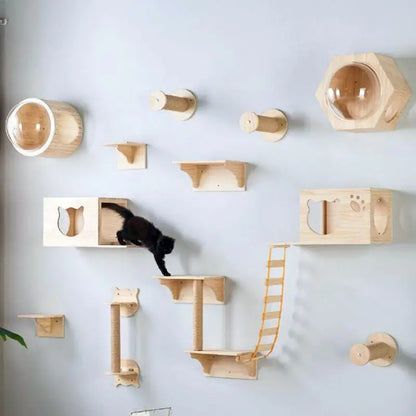 Wall Mounted Cat Climbing Shelves Wooden Furniture Scratcher Jumping Platform Rope Ladder Cat Sleeping and Playing