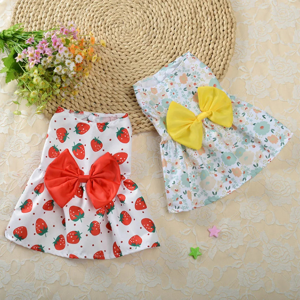 Dog Princess Dress Cute Print Puppy Dresses with Bowknot Sweet Cat Skirt Summer Thin Pet Wedding Party Chihuahua Doggies Clothes