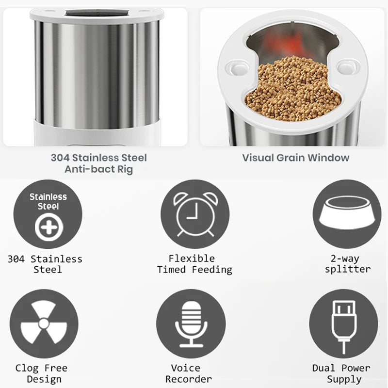 Cat Timing Feeder Smart APP Cat Feeder Stainless steel Double Meal Pet Food Remote Feeding Automatic Dispenser Suitable Cats Dog