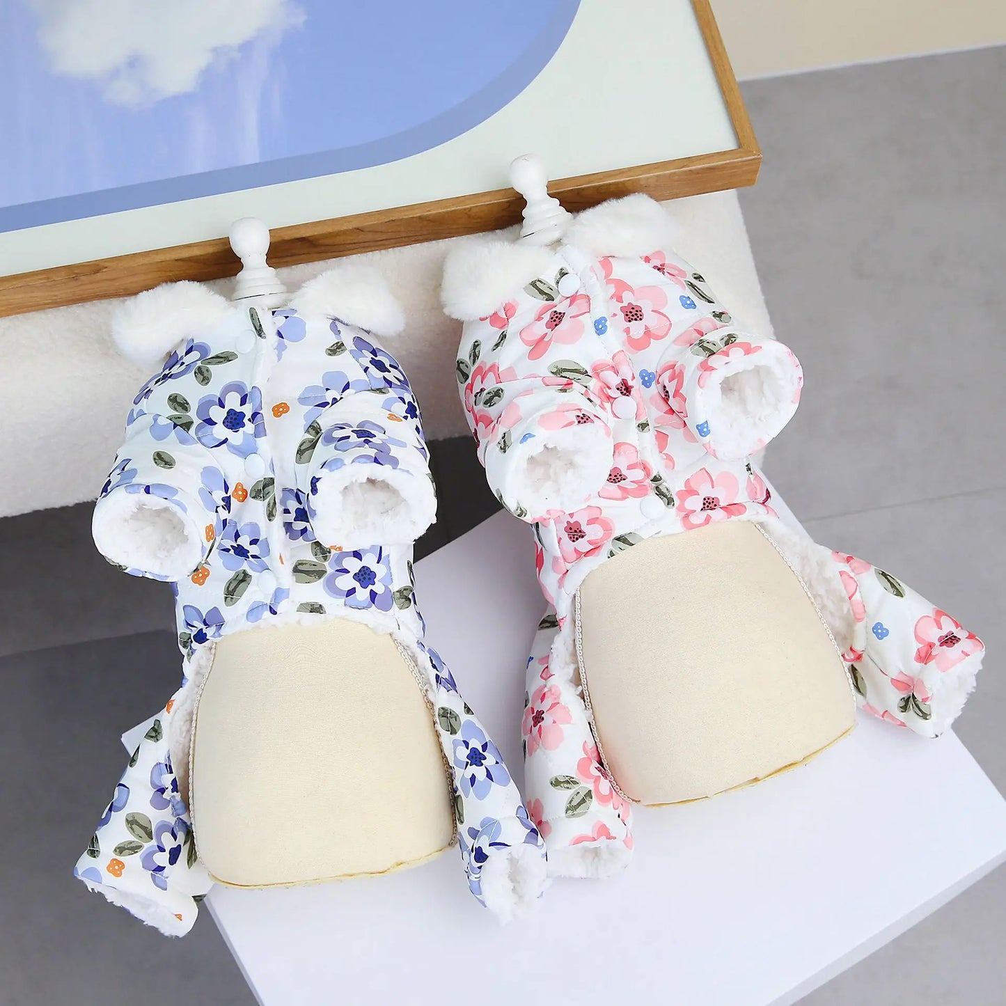 Thicken Warm Padded Dog Jumpsuit for Small Dogs, Chinese Style Floral Pattern Pet Costume Sherpa Lined Dog Winter Clothes