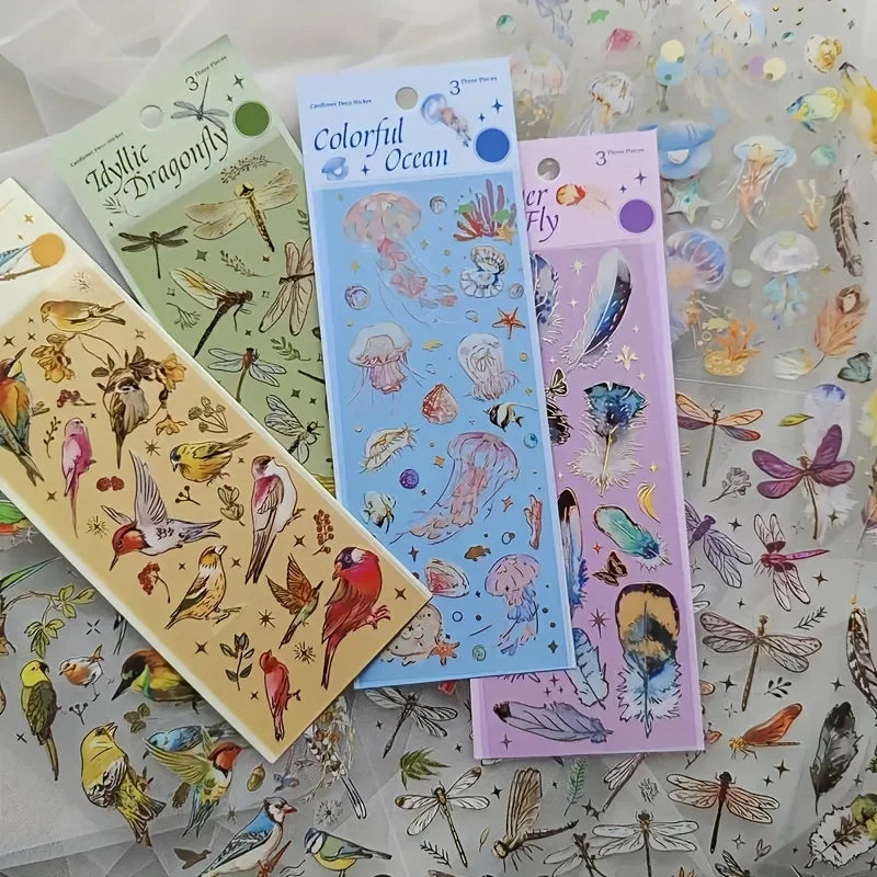 Shimmering 3D Gilding Sticker Set - Dragonfly, Jellyfish & Feather Designs - 3 Sheets/pack - Premium PET Decor for Notebooks, Sc