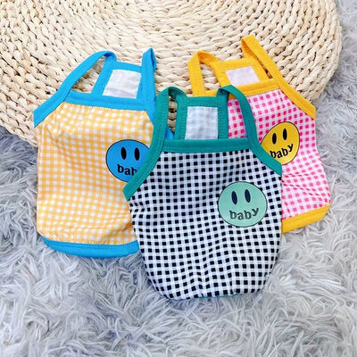 Summer Suspenders Dog Clothes Cute Smile Plaid Dog Vest Pet T-Shirt Chihuahua Pug Bichon 2024 Puppy Apparel Girls Dog Shirt