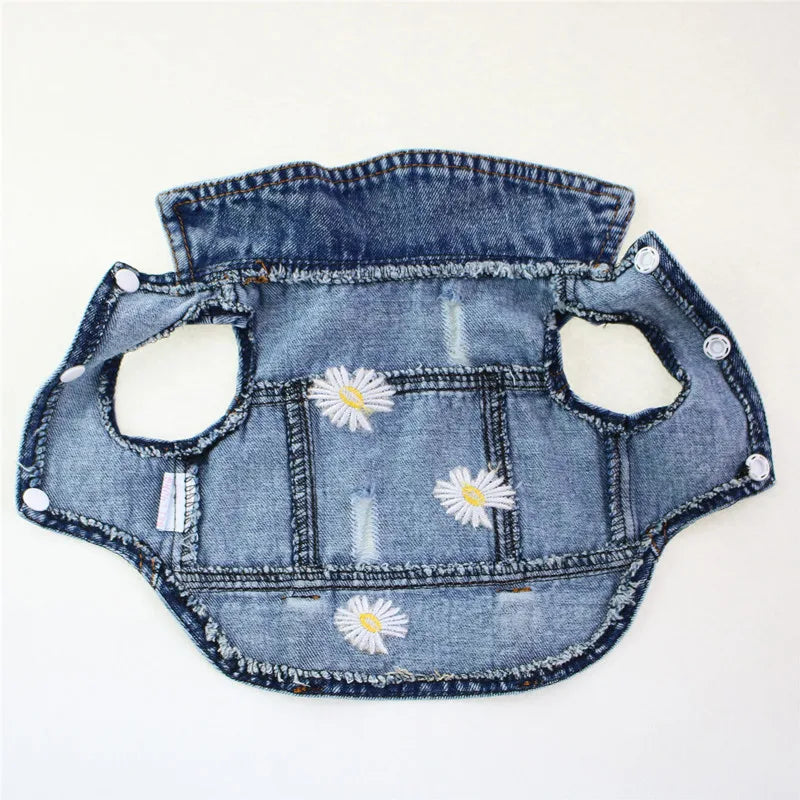 Daisy Embroidery Luxury Dog Clothes for Small Medium Dogs Vintage Washed Dog Jeans Jacket Pet Sleeveless Vest Denim Coat Outfits