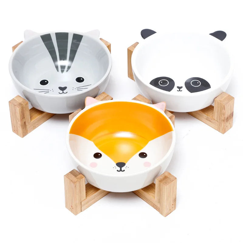 Ceramic Dog Bowl Raised Round Dog Cat Bowl No Spill Pet Dish for Food Water Feeding Cute Cartoon Printed Pet Dog Elevated Dish