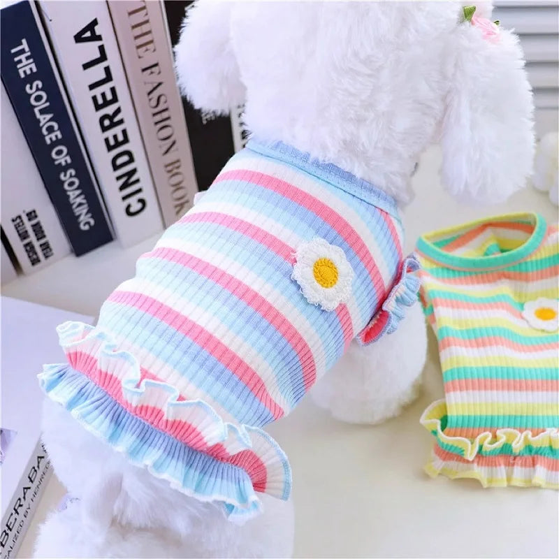 Summer Dog Clothes Pet Dog Vest Dress Dog Knitted Striped Dog T Shirt Chihuahua Bichon Clothing Kitten Puppy Girls Dog Costume