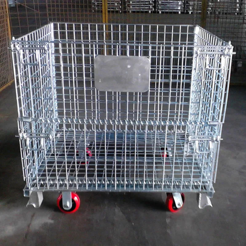 Heavy Duty Foldable Warehouse Iron Wire Cage Mesh Collapsible Container Pallet Cage Metal Collapsible Shipping Cage with Wheels