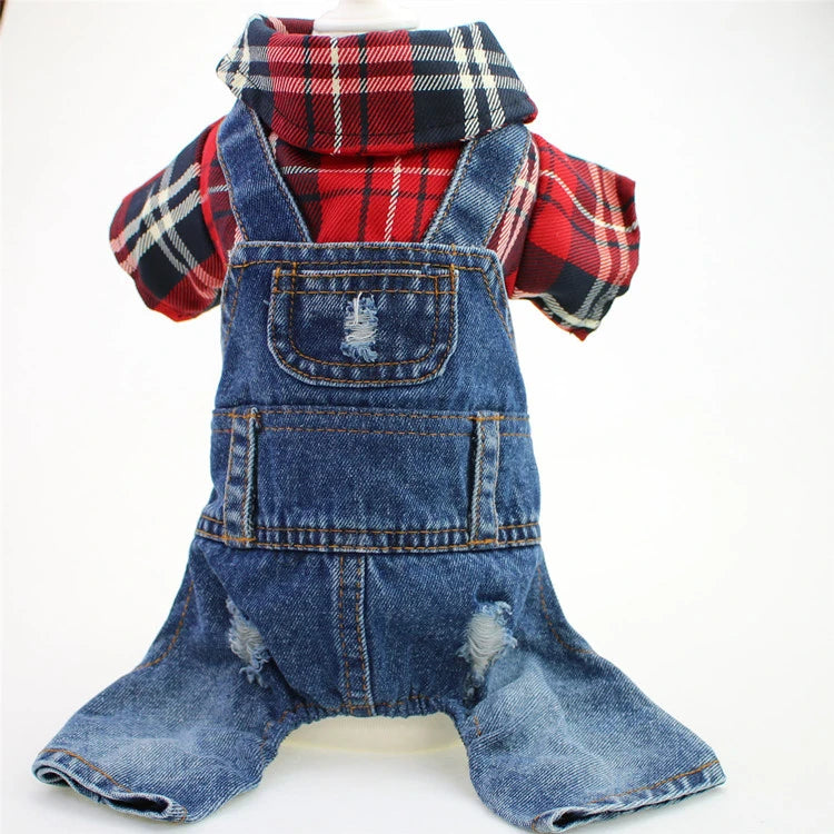 Black Dog Denim Jumpsuit Plaid Shirt Overalls for Dogs, Spring Clothes for Small Dogs Puppy Yorkie Jeans Jacket Pet Apparel
