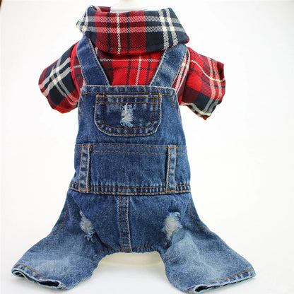 Black Dog Denim Jumpsuit Plaid Shirt Overalls for Dogs, Spring Clothes for Small Dogs Puppy Yorkie Jeans Jacket Pet Apparel