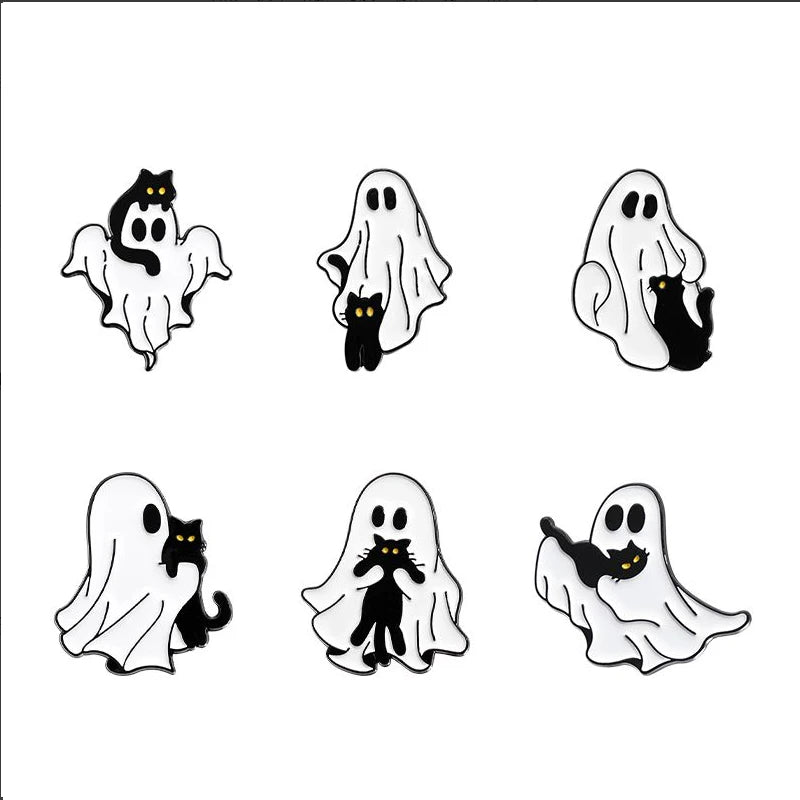 Funny Animal Sets Enamel Pins Cartoon Anime Figure Ghost Spooky Cute Cat Bird Brooches Backpack Lapel Badge Punk Jewelry Gifts