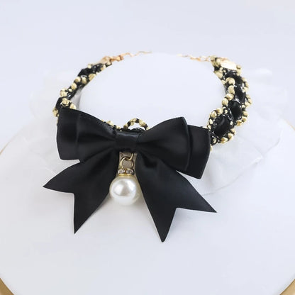 Romantic Summer Dog Collar Bow Tie Pearl Lace Party Cat Necklace for Small Puppy Luxury Designer Chihuahua Pet Neck Accessories