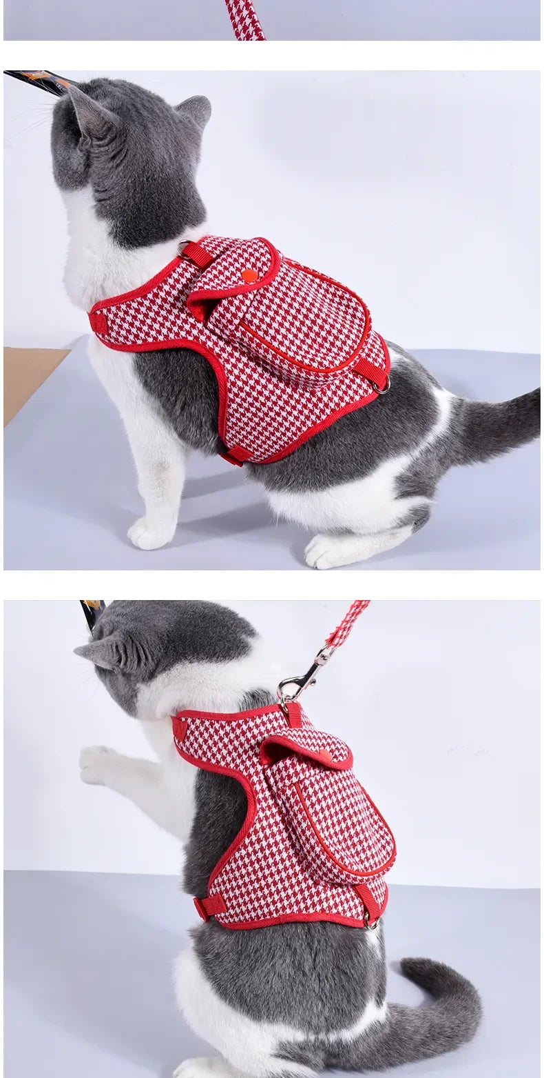 Houndstooth Small Vest PetDog Backpack Harness With Pocket Leash Lead Set Outdoor Pet Collar Walking Puppies Cats Carrier Bags
