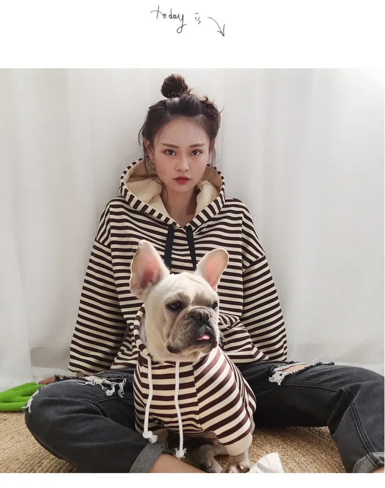 autumn winter fleece pet clothes dog hooded pet parent-child clothing stripe French Teddy small dog cat clothing