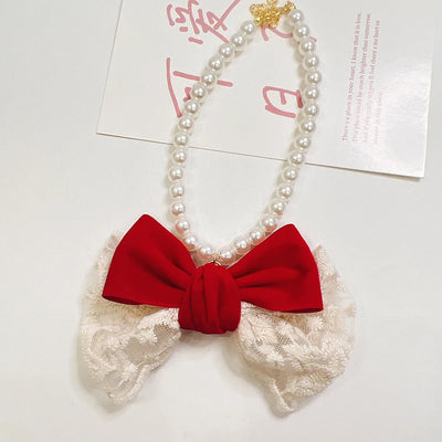 Pearl Chain Pet Dog Necklace Christmas Red Bow Tie Neck Accessories for Small Medium Puppy Romantic Lace Adjust Cat Accessories