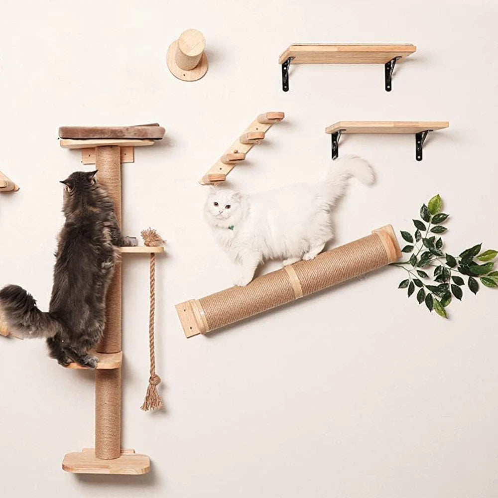 Cat Tree Wall Mounted Climbing Shelves Wooden Hammock with Ladder and Cat Bridge for Cat Perch Sleeping Pet Indoor Playground