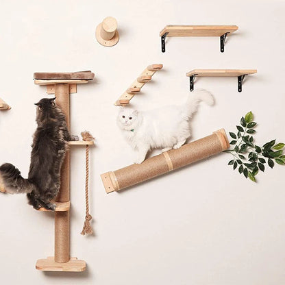 Cat Tree Wall Mounted Climbing Shelves Wooden Hammock with Ladder and Cat Bridge for Cat Perch Sleeping Pet Indoor Playground