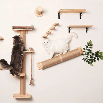 Cat Tree Wall Mounted Climbing Shelves Wooden Hammock with Ladder and Cat Bridge for Cat Perch Sleeping Pet Indoor Playground