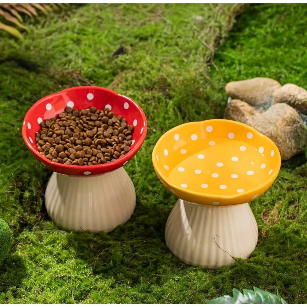 Mushroom Cat Bowl Cute Polka Dot Safe Ceramic Elevated Cat Feeder for Cats and Dogs Drinking Water Bowl Cat Feede Pet Supplies