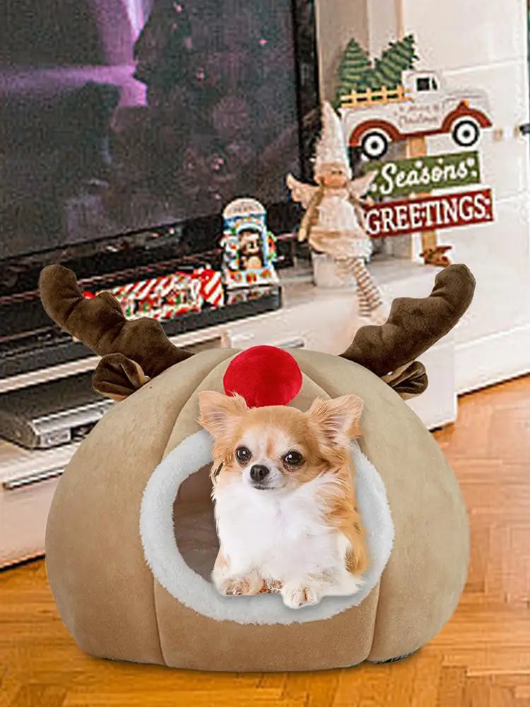 Christmas Winter Cat Cave Bed Dog Tent Christmas Reindeer Tent Washable Removable Cushion for Indoor Small Dogs And Cats