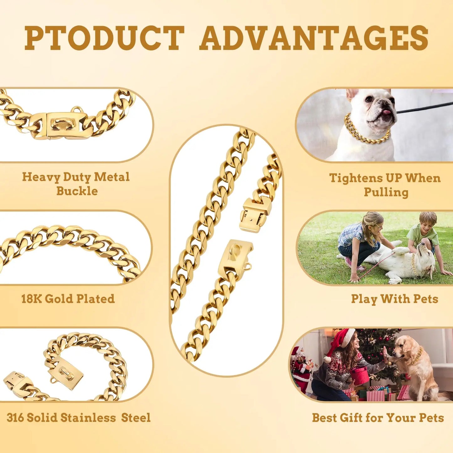 19MM Chew Proof Gold Dog Chain Collar Stainless Steel  Collars with Solid Buckle Pet Chains for Large Dogs