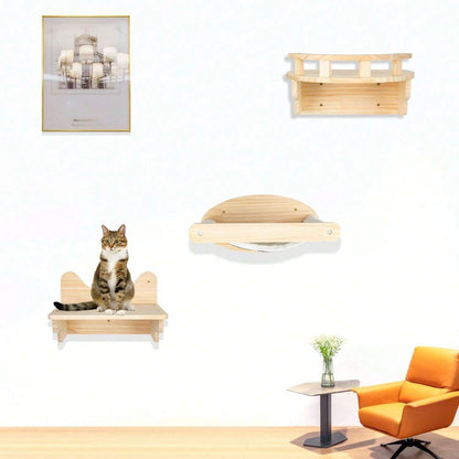 Wall Mounted Cat Shelves Wood Cat Lookout Climbing Shelf Kitten Wall Climbing Tree Furniture Four Step Stair Indoor Cat Hammock