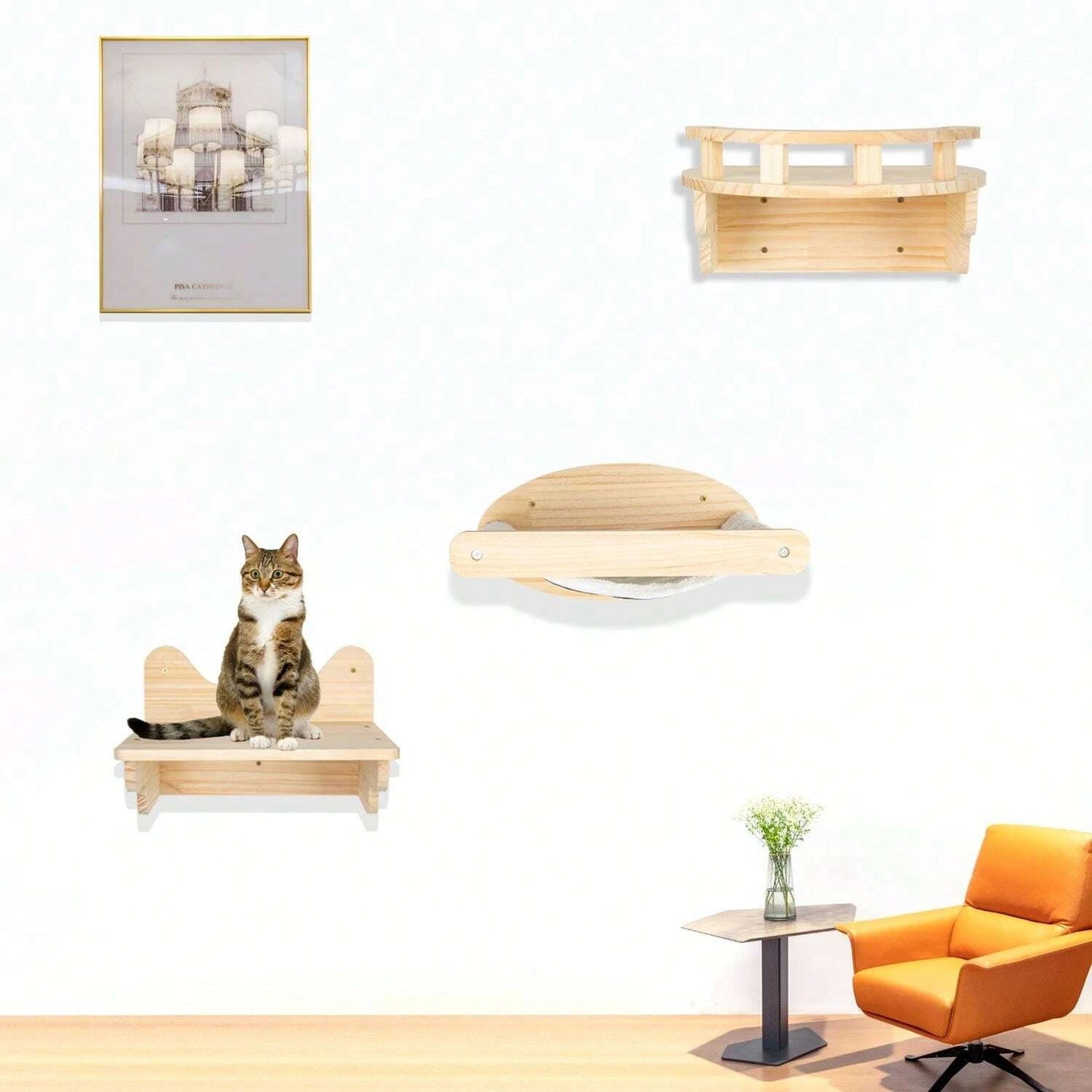 Wall Mounted Cat Shelves Wood Cat Lookout Climbing Shelf Kitten Wall Climbing Tree Furniture Four Step Stair Indoor Cat Hammock