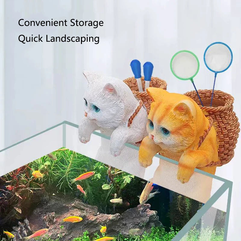 Aquarium Hanging Cat Backpack Hanging Ornaments Fish Tank Tool Storage Basket Desktop Flower Pot Landscaping Decoration Cute