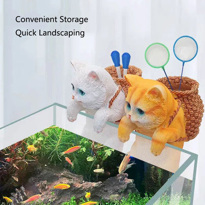 Aquarium Hanging Cat Backpack Hanging Ornaments Fish Tank Tool Storage Basket Desktop Flower Pot Landscaping Decoration Cute