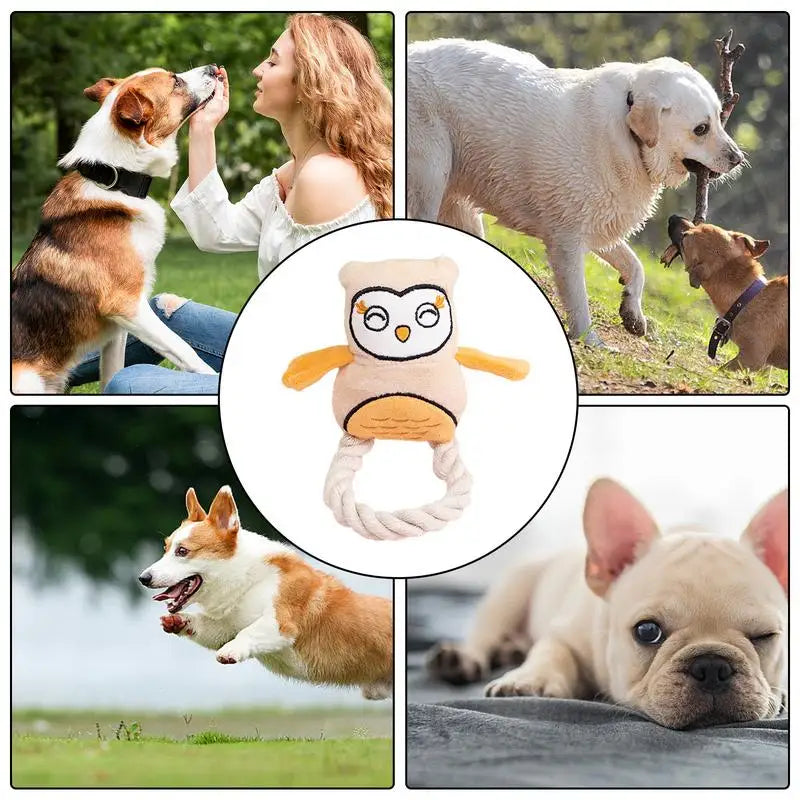 Dog Squeak Toys Owl Design Stuffed Dog Toys Durable Rope Plush Chew Fetch Brain Stimulating Toy Squeaky Pet Interactive Toy