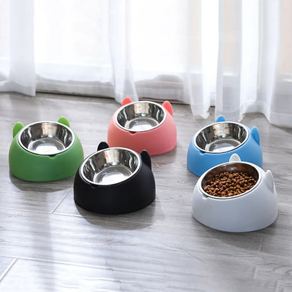 Cat Dog Bowls 15 Degrees Raised Stainless Steel Cat Bowl Safeguard Neck Puppy Pet Feeder Non-slip Crash Elevated Cat Food Bowl