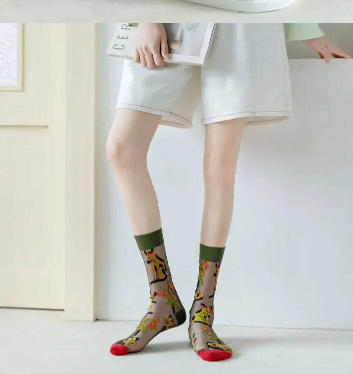 5 Pairs/Set France Hipster Design Glass Silk Floral Bird Funny Socks Women Transparent Art Ankle  Socks Jacquard