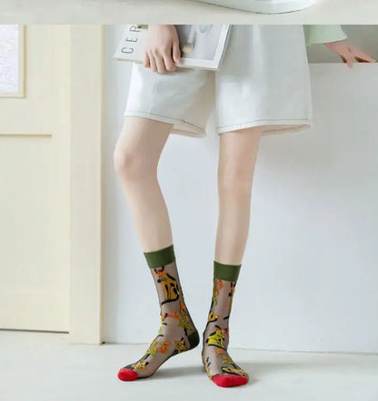 5 Pairs/Set France Hipster Design Glass Silk Floral Bird Funny Socks Women Transparent Art Ankle  Socks Jacquard