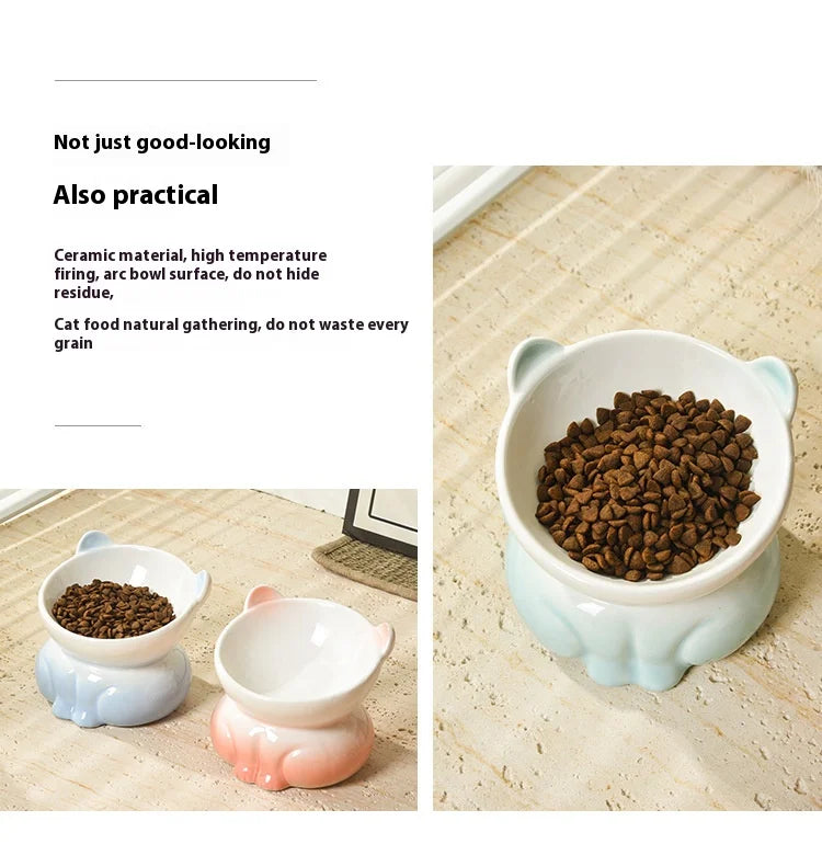 Cat Bowl Ceramic High Foot Diagonal Mouth Neck Protection Cat Food Bowl Large Diameter Drinking Bowl Anti Overturning Cat Food B