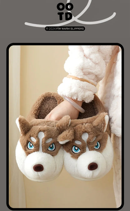 Winter Home Couple Shoes Women's Fluffy Dog Slippers Girl Animal Fur Slides Kawaii Funny Furry Shoes Woman Plush Booties Slipper