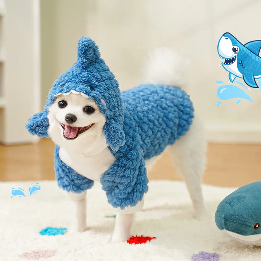 Funny Dog Shark Costume Cute Autumn Winter Pet Clothes Halloween Holiday Coat Cosplay Dress Warm Fleece Hoodie for Small Dogs