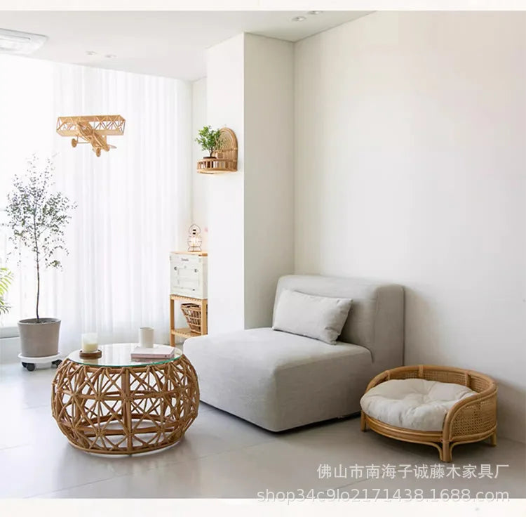South East Asia Natural Indonesian True Rattan Teddy Nest Summer Cool Round Pomeranian Small Pet Cat Dog Kennel