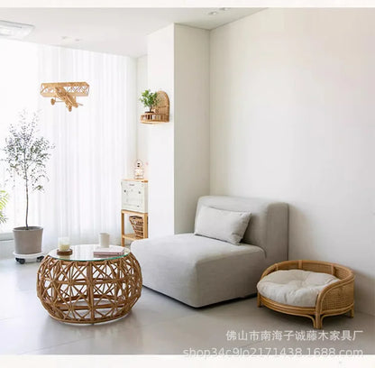 South East Asia Natural Indonesian True Rattan Teddy Nest Summer Cool Round Pomeranian Small Pet Cat Dog Kennel