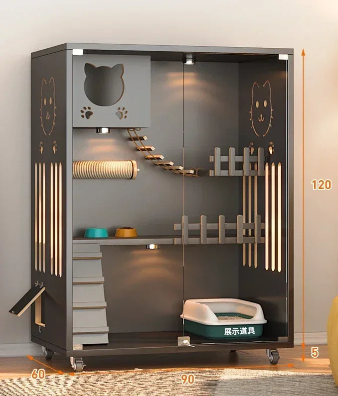 Retro Solid Wood Cat Cage for Living Room Cat House Two-layer One-piece Movable Light Luxury Creative  Cage for Cats