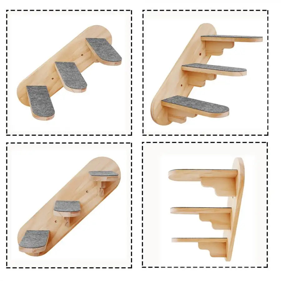 Wall Mounted Climbing Shelves Set Natural Wooden A Cat Hammock with A 3-Layer Ladder Set for Kitten Safe Perch and Play
